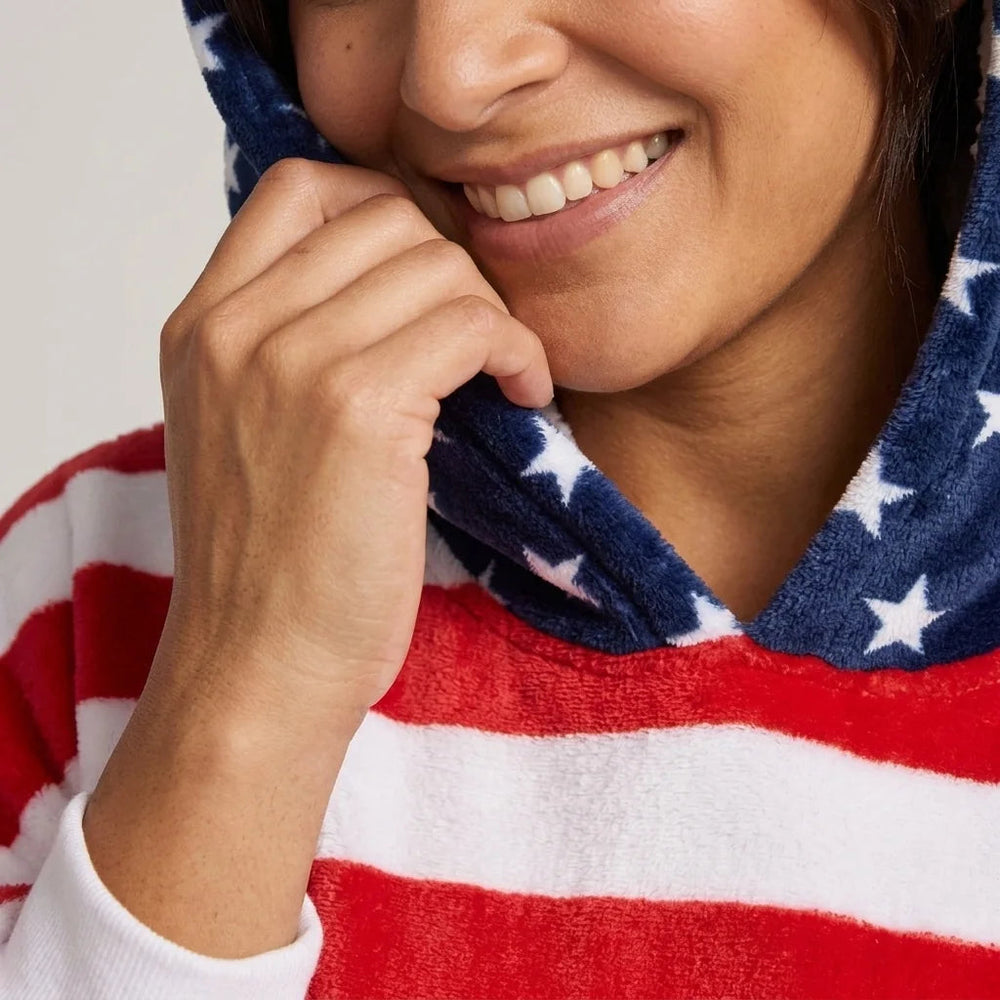 Worn detail of the American Flag blanket hoodie