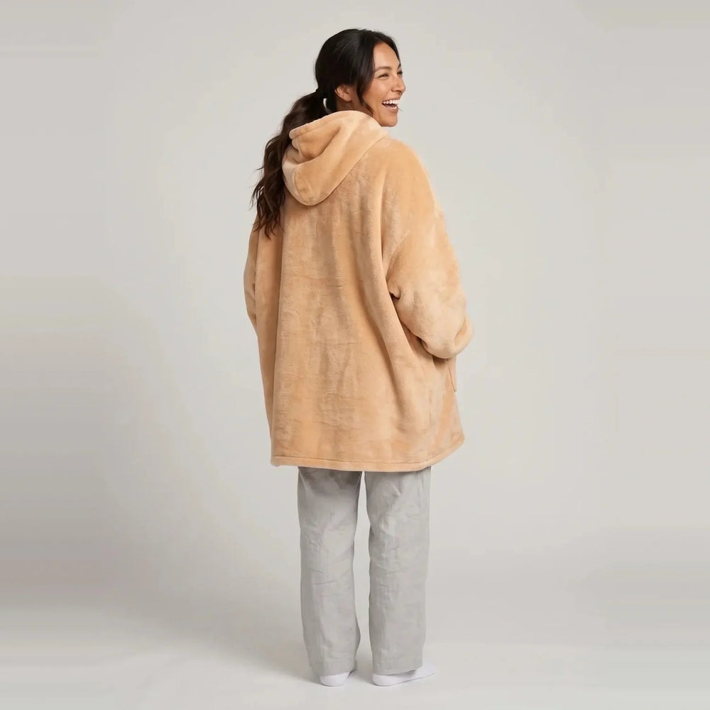 Back view of the Apricot blanket hoodie showing the hood and oversized fit