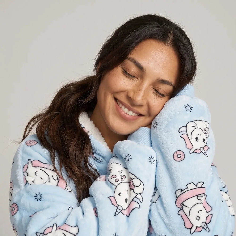 Close-up of the Blue Unicorn blanket hoodie with the hood up