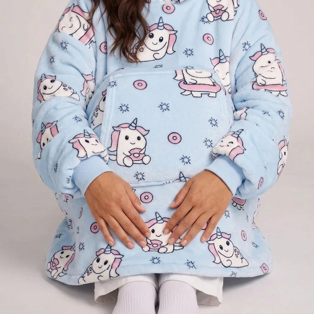 Worn detail of the Blue Unicorn blanket hoodie