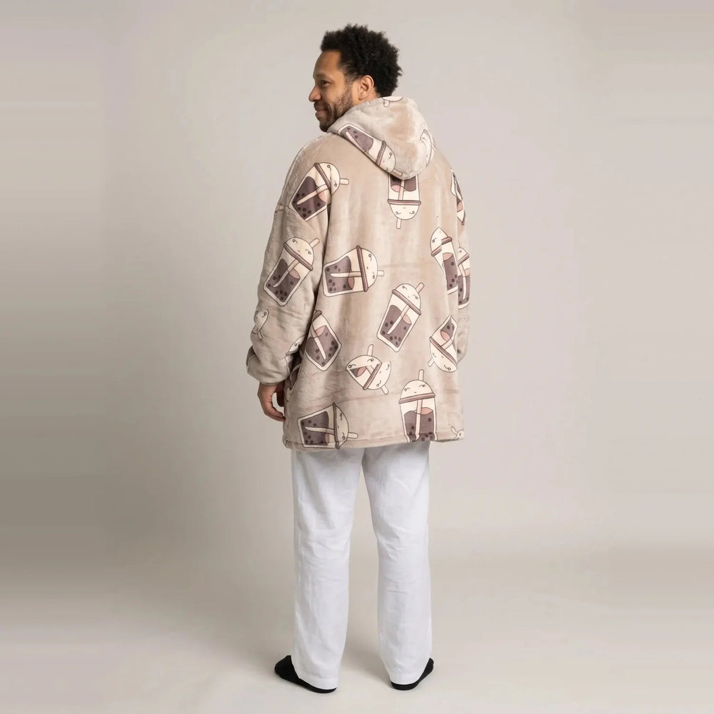 Back view of the Bubble Tea blanket hoodie showing the hood and oversized fit