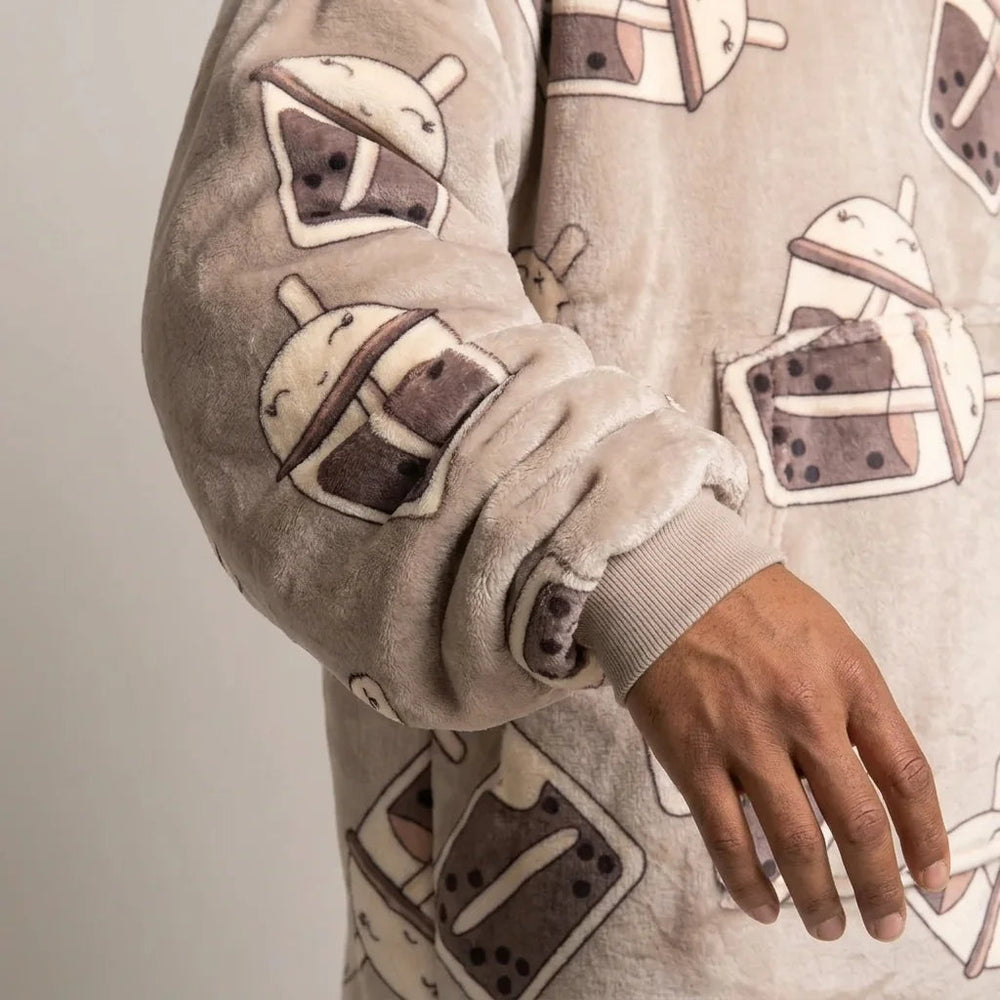 Worn detail of the Bubble Tea blanket hoodie