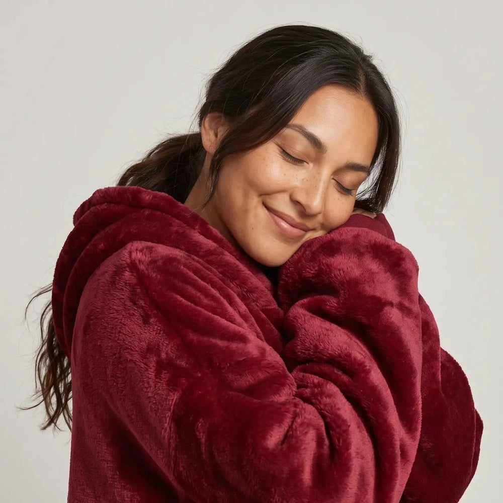 Close-up of the Burgundy blanket hoodie with the hood up