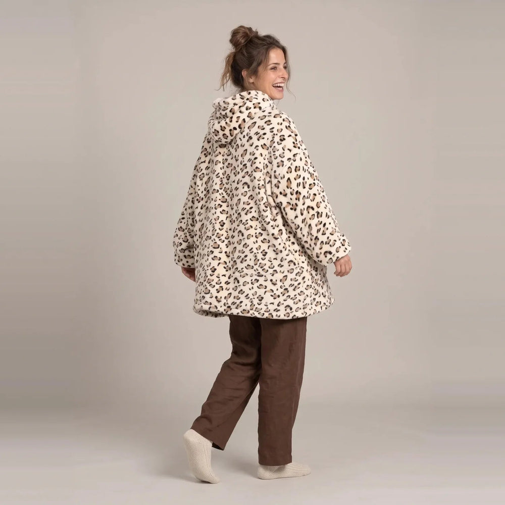 Back view of the Cream Leopard blanket hoodie showing the hood and oversized fit