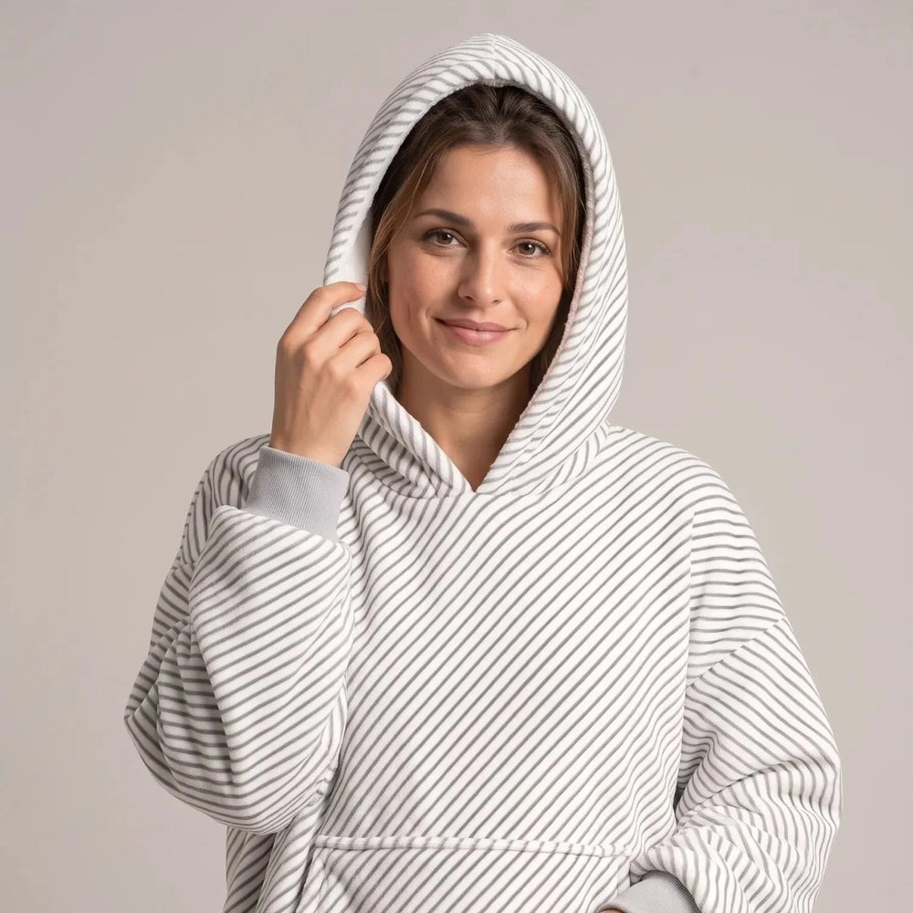 Close-up of the Gray Stripes blanket hoodie with the hood up