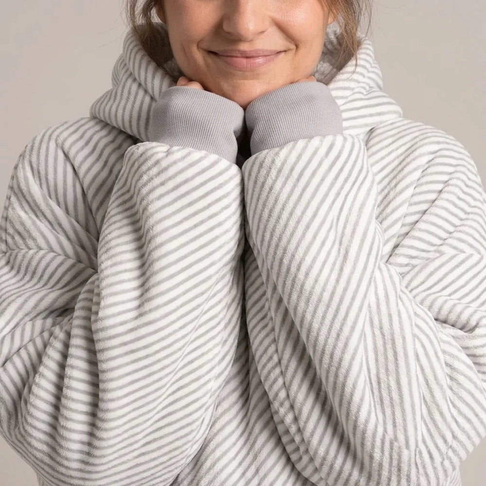 Worn detail of the Gray Stripes blanket hoodie