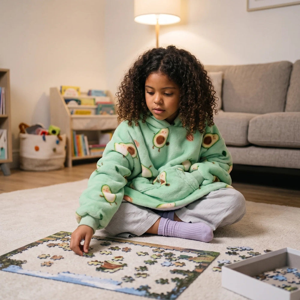 Girl in the Avocado kids blanket hoodie doing a jigsaw puzzle on the living-room rug