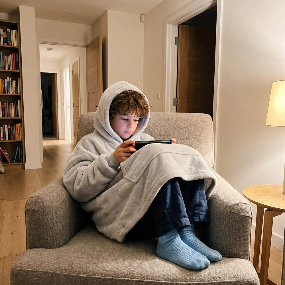 Boy in the Light Gray kids blanket hoodie playing a handheld game in an armchair