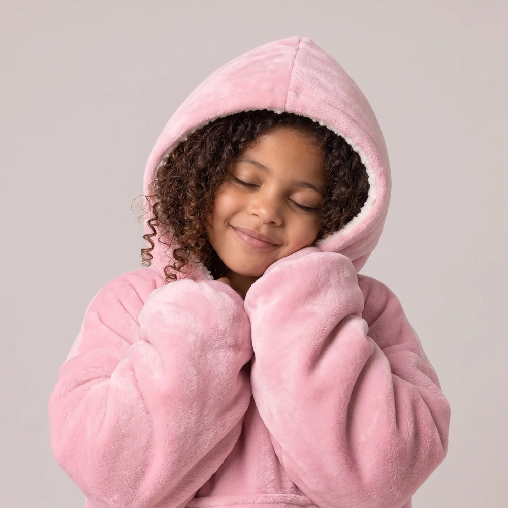 Close-up of the Light Pink Kids blanket hoodie with the hood up