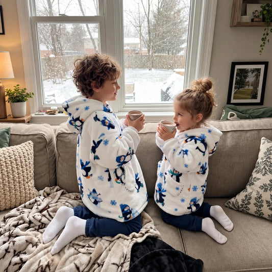 Two siblings in matching Penguins blanket hoodies watching the snow fall from the sofa
