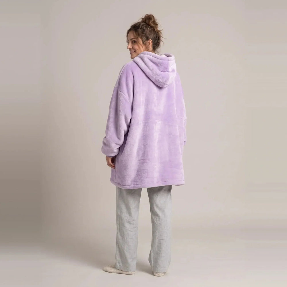 Back view of the Lavender blanket hoodie showing the hood and oversized fit