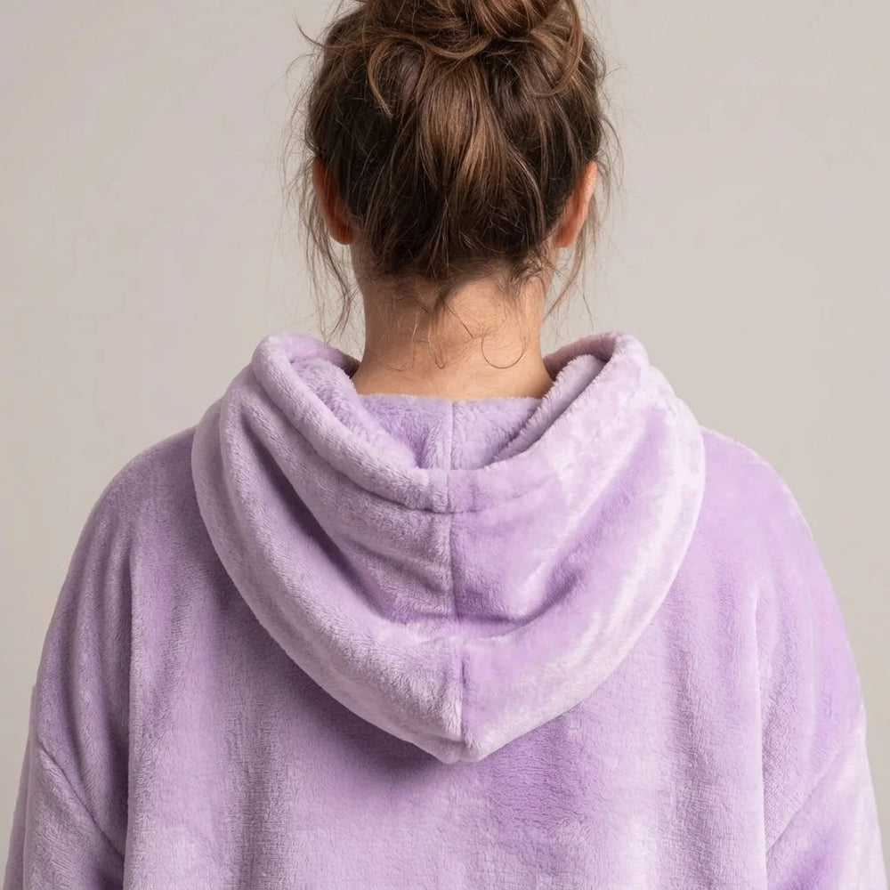 Worn detail of the Lavender blanket hoodie