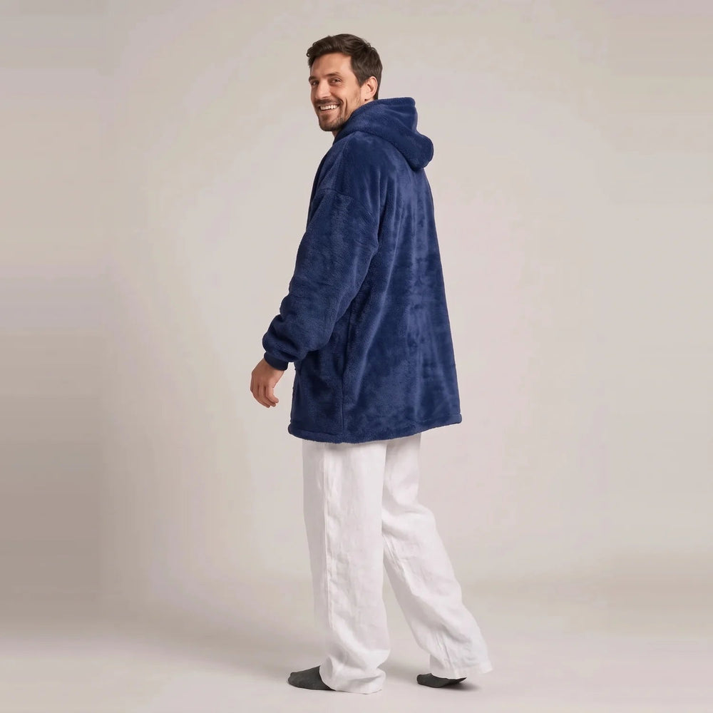 Back view of the Navy Blue blanket hoodie showing the hood and oversized fit