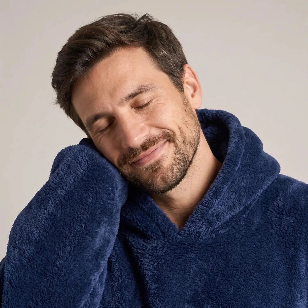 Close-up of the Navy Blue blanket hoodie with the hood up