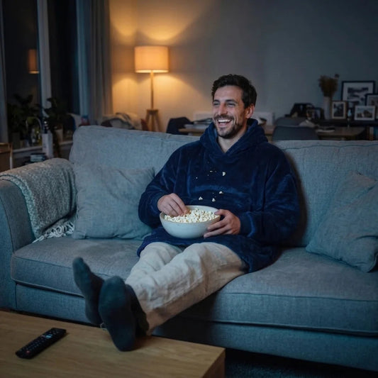 Man in the Navy Blue blanket hoodie on the couch for movie night with a bowl of popcorn