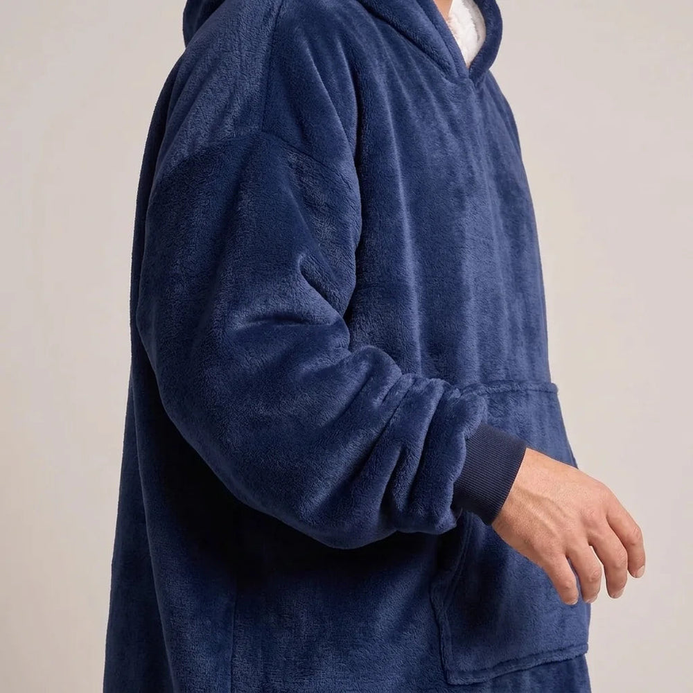 Worn detail of the Navy Blue blanket hoodie