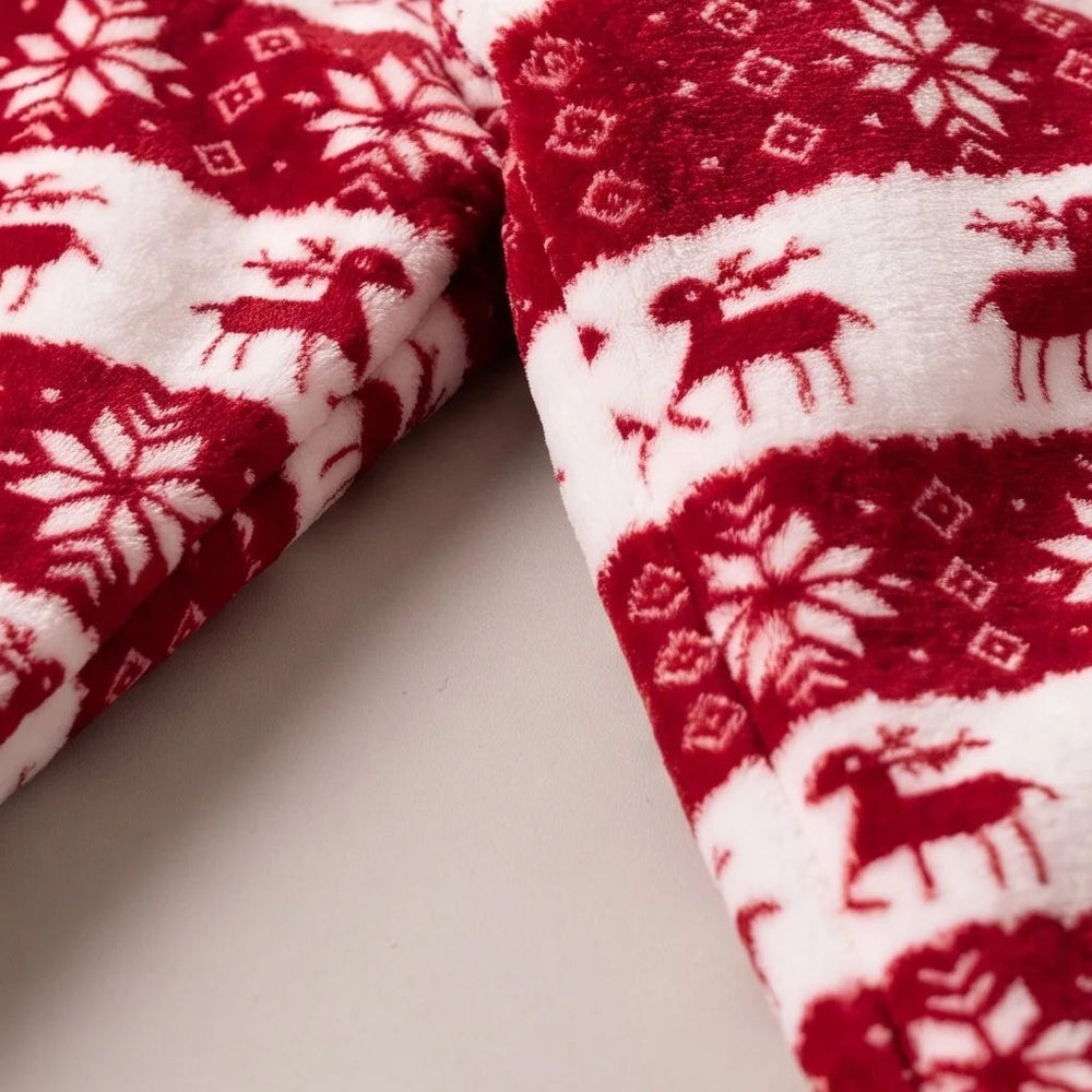 Close-up of the soft Red Reindeer flannel and sherpa lining