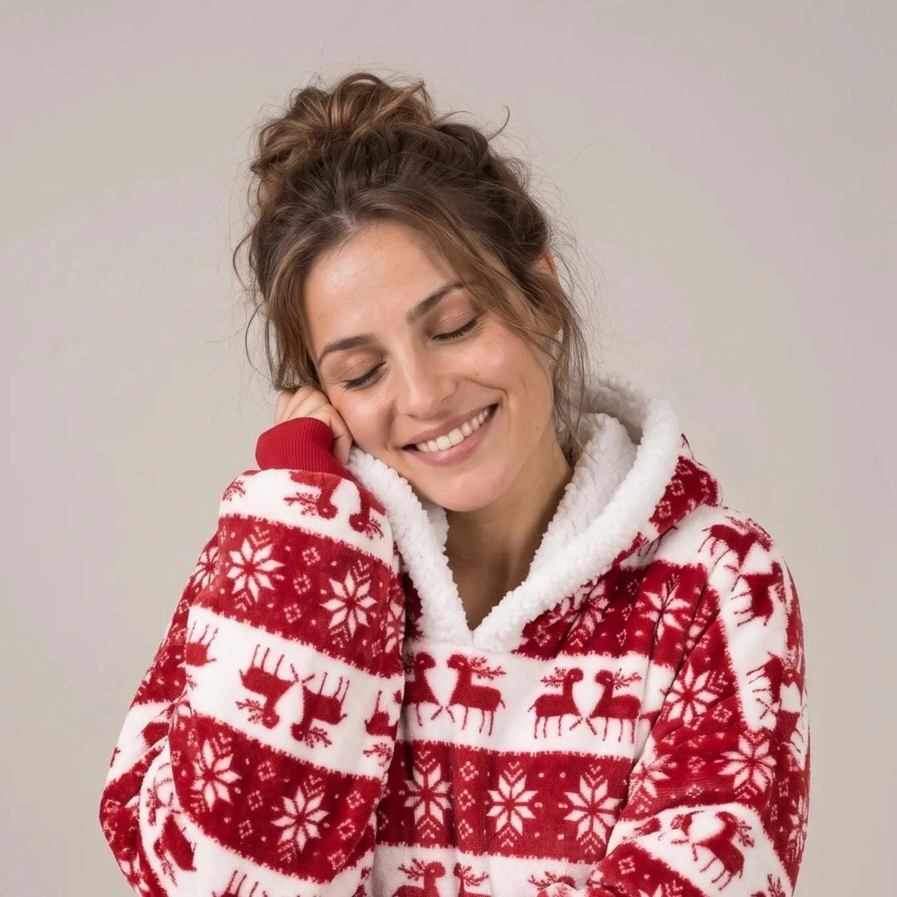 Close-up of the Red Reindeer blanket hoodie with the hood up