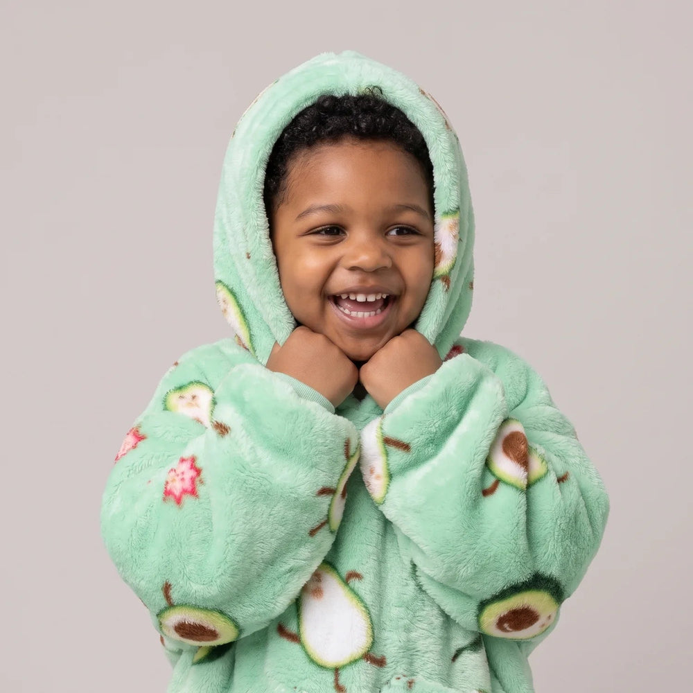 Close-up of the Avocado Toddler blanket hoodie with the hood up