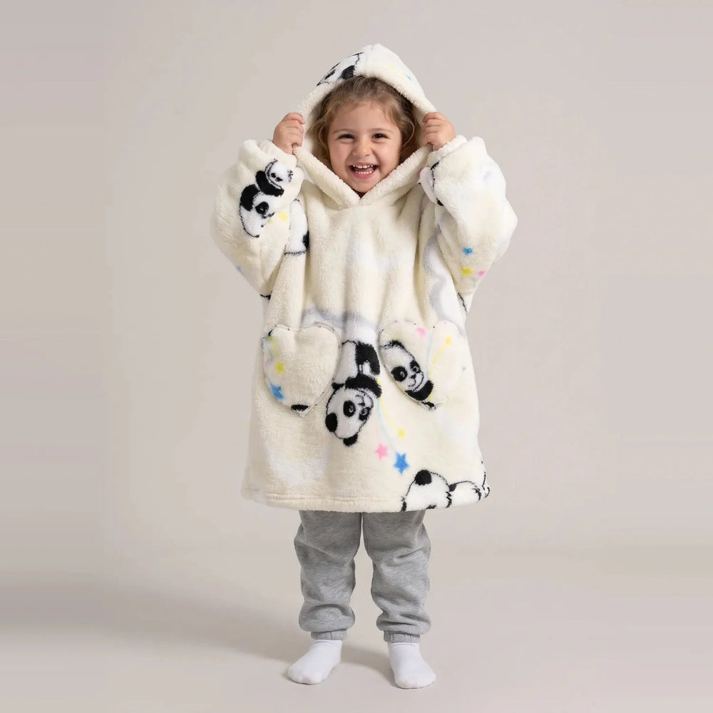 Toddler wearing the Cream Pandas Toddler blanket hoodie, studio photo