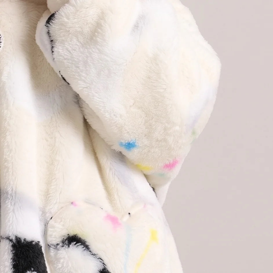 Worn detail of the Cream Pandas Toddler blanket hoodie: soft sleeves and pocket