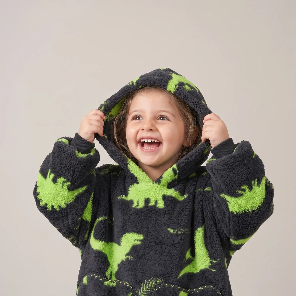 Close-up of the Green Dinos Toddler blanket hoodie with the hood up