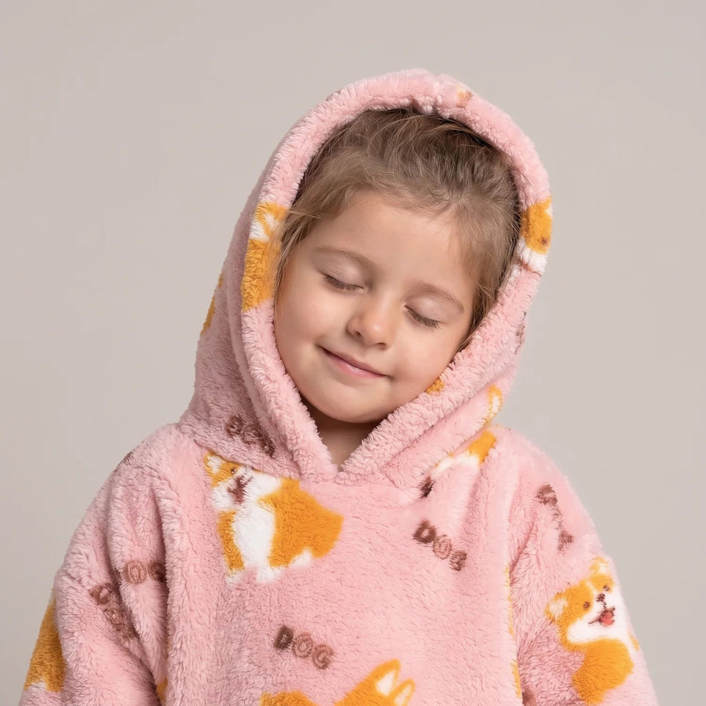 Close-up of the Pink Corgis Toddler blanket hoodie with the hood up