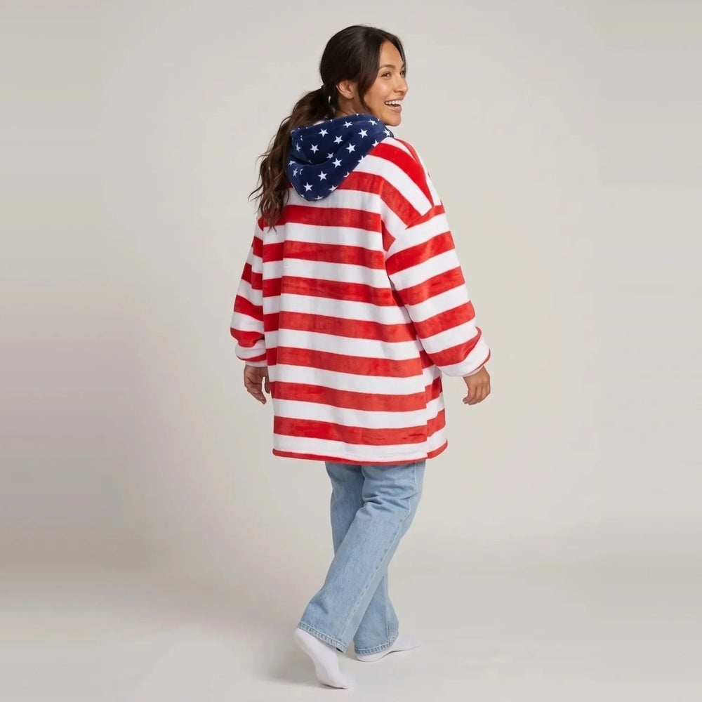 Back view of the American Flag blanket hoodie showing the hood and oversized fit