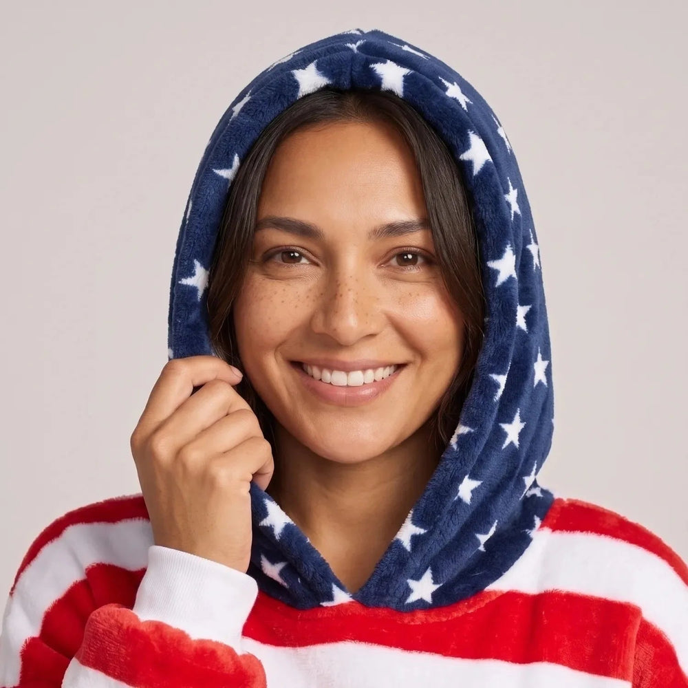 Close-up of the American Flag blanket hoodie with the hood up