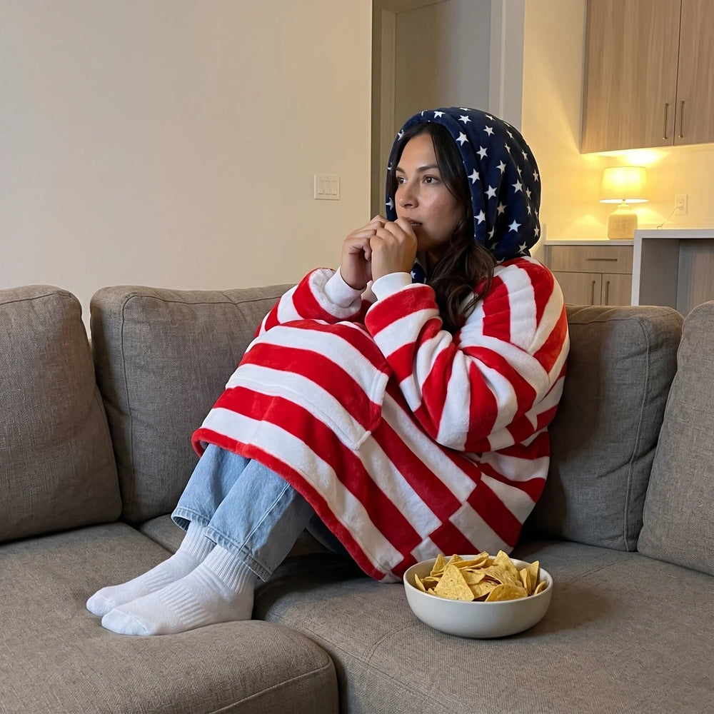 Woman curled up on the sofa in the American Flag blanket hoodie watching Sunday night football
