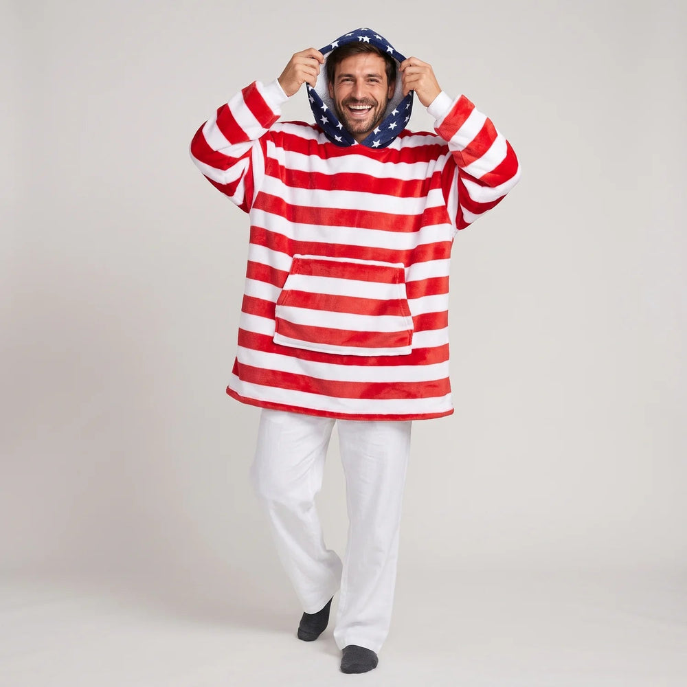 Worn detail of the American Flag blanket hoodie