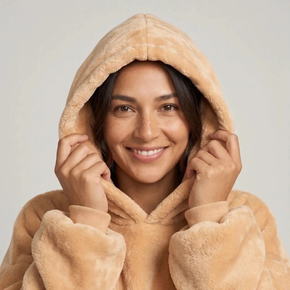 Close-up of the Apricot blanket hoodie with the hood up