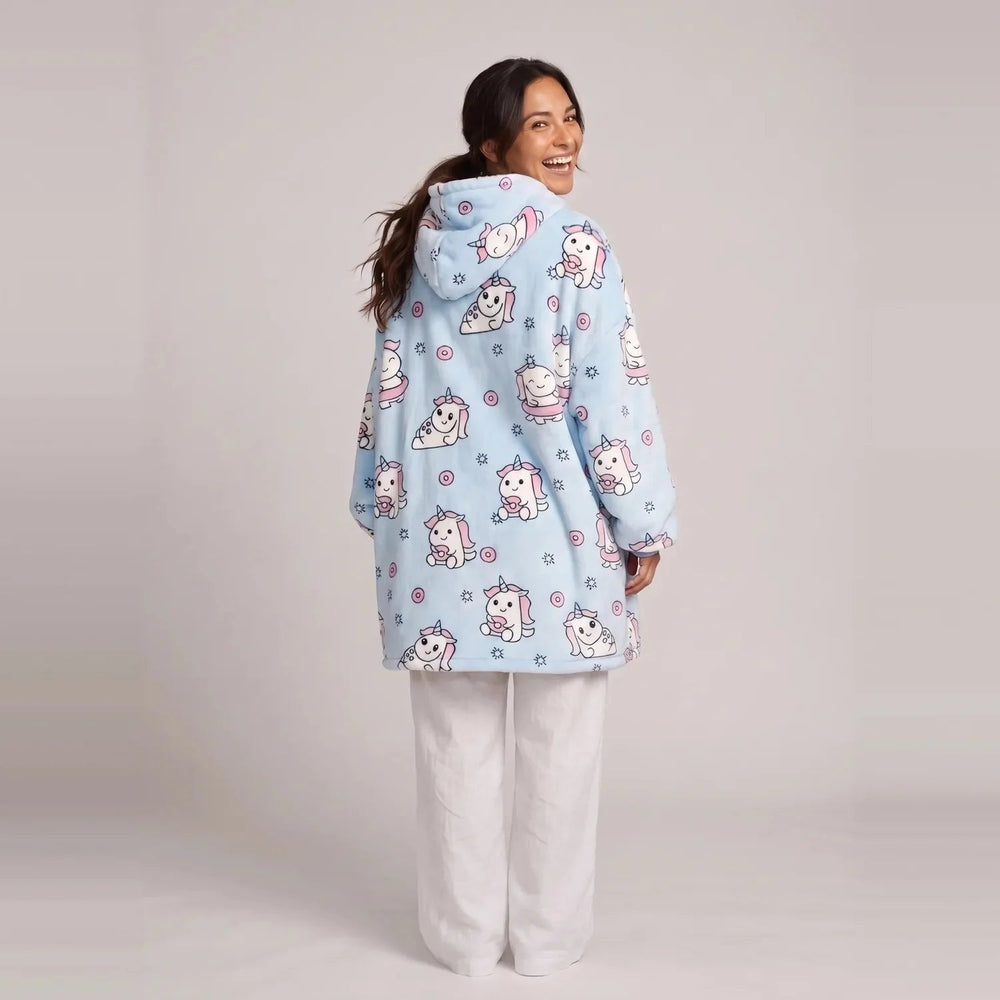 Back view of the Blue Unicorn blanket hoodie showing the hood and oversized fit