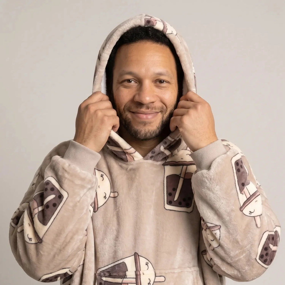 Close-up of the Bubble Tea blanket hoodie with the hood up