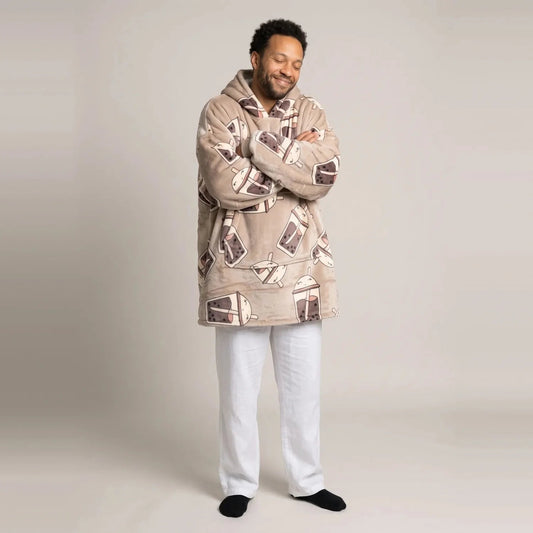 Model wearing the Bubble Tea blanket hoodie, oversized unisex fit, studio photo