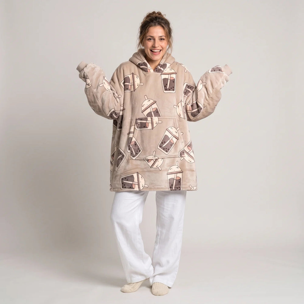 Worn detail of the Bubble Tea blanket hoodie