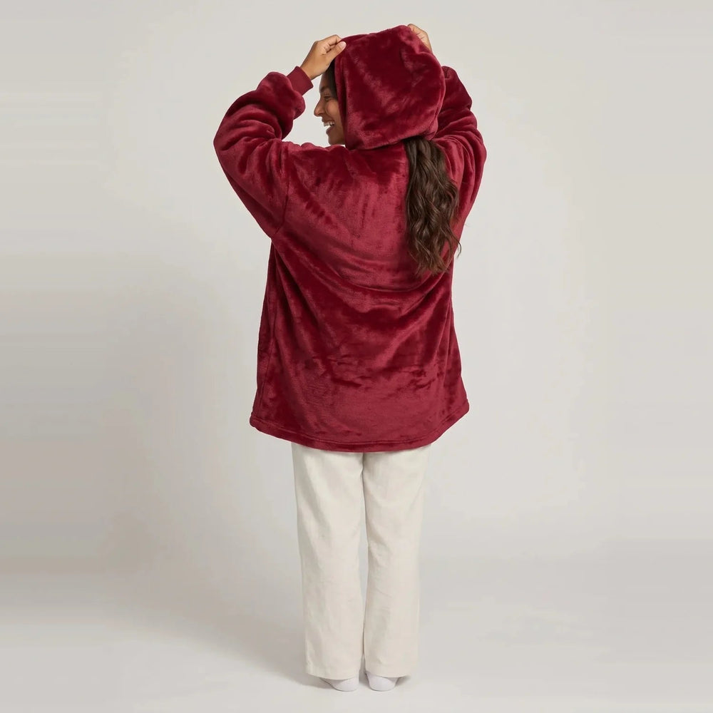 Back view of the Burgundy blanket hoodie showing the hood and oversized fit