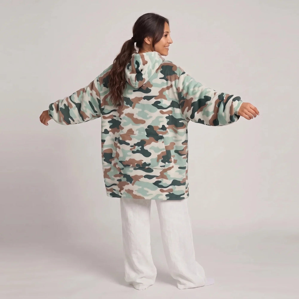 Back view of the Camouflage blanket hoodie showing the hood and oversized fit