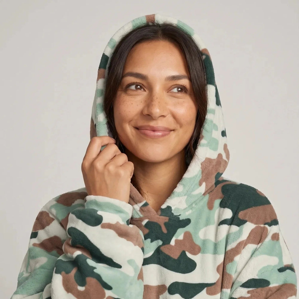 Close-up of the Camouflage blanket hoodie with the hood up