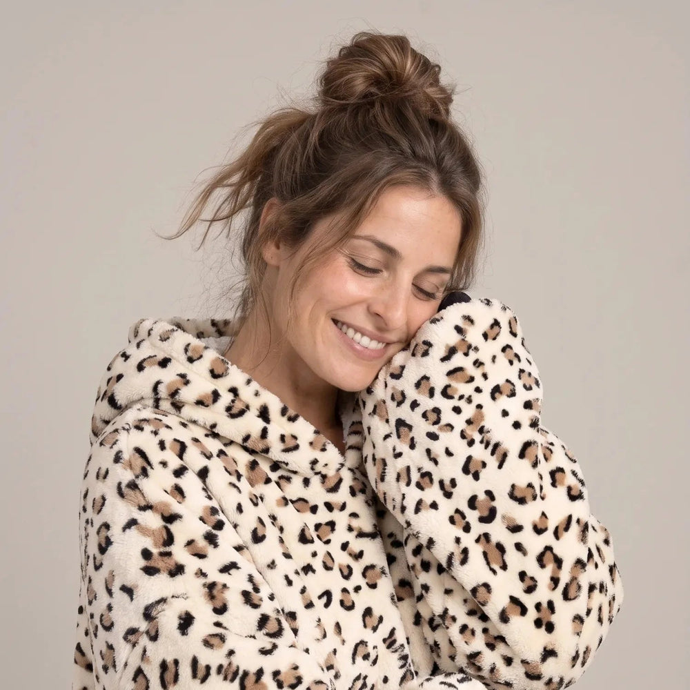 Close-up of the Cream Leopard blanket hoodie with the hood up