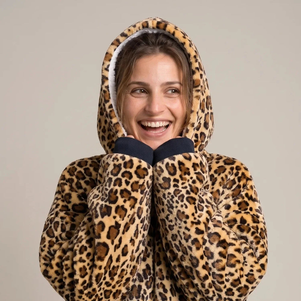 Close-up of the Golden Leopard blanket hoodie with the hood up