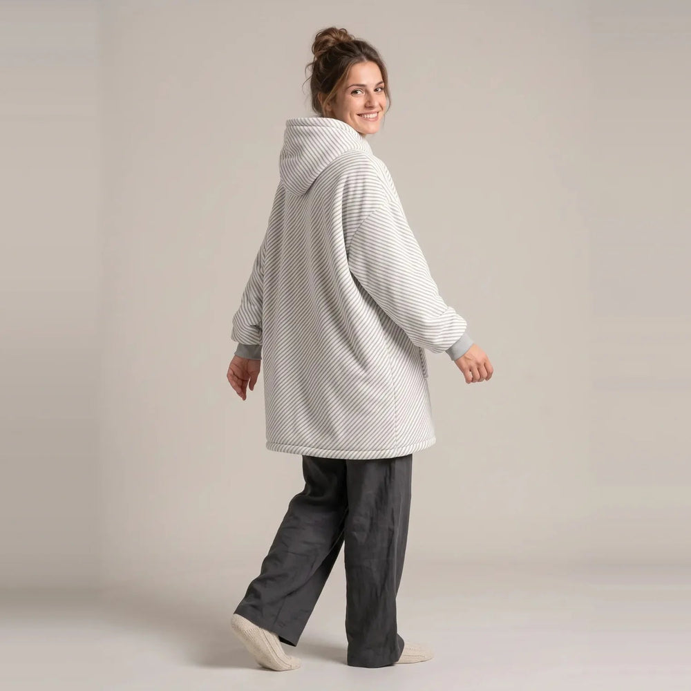 Back view of the Gray Stripes blanket hoodie showing the hood and oversized fit