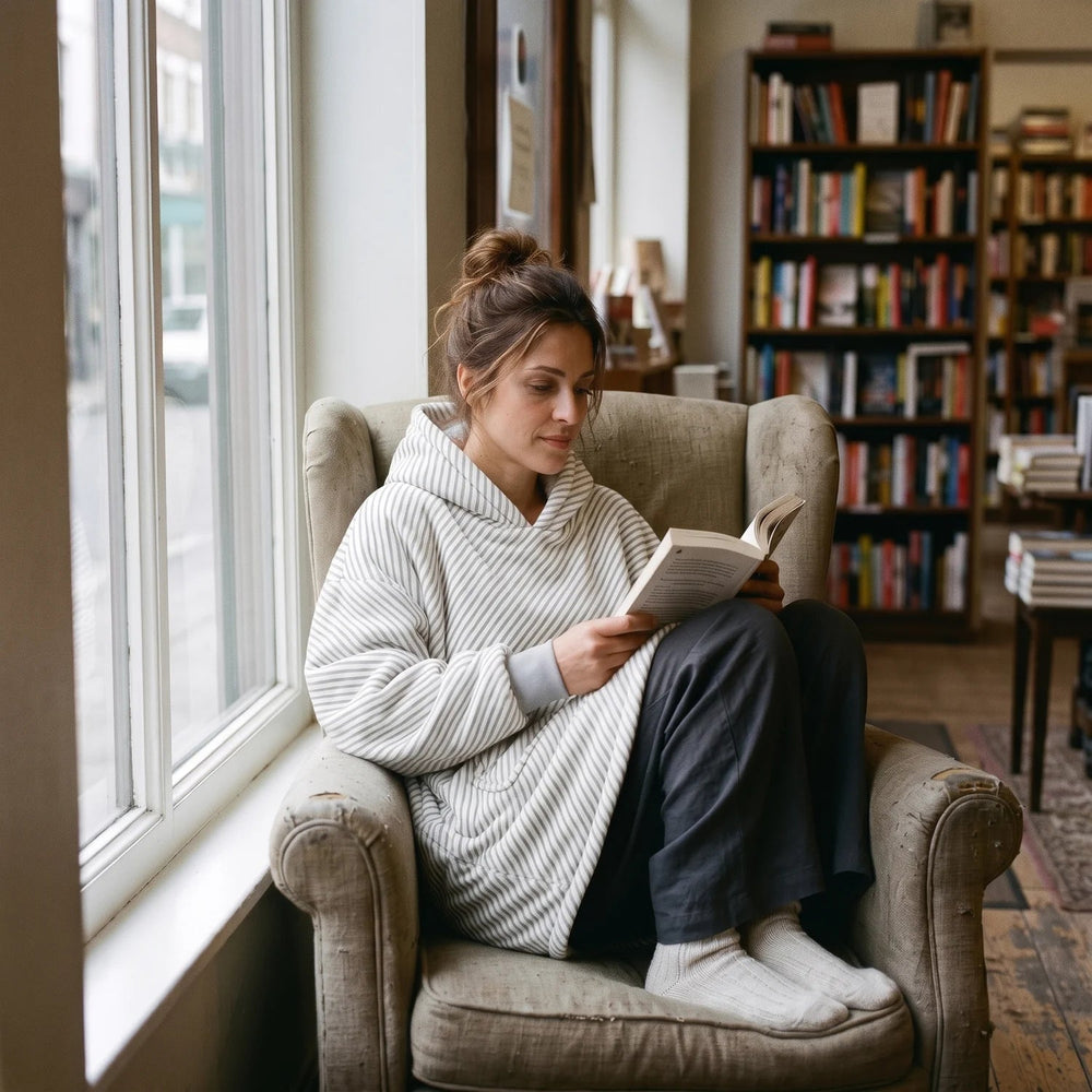 Woman wearing the Gray Stripes blanket hoodie reading in an armchair by the window