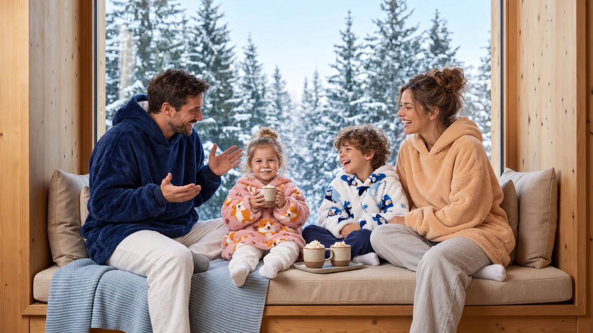 Family in Neyla blanket hoodies laughing by a snowy chalet window, the little girl with a whipped-cream mustache