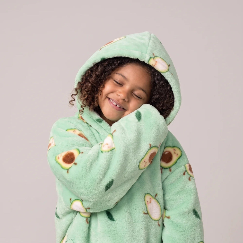 Close-up of the Avocado Kids blanket hoodie with the hood up