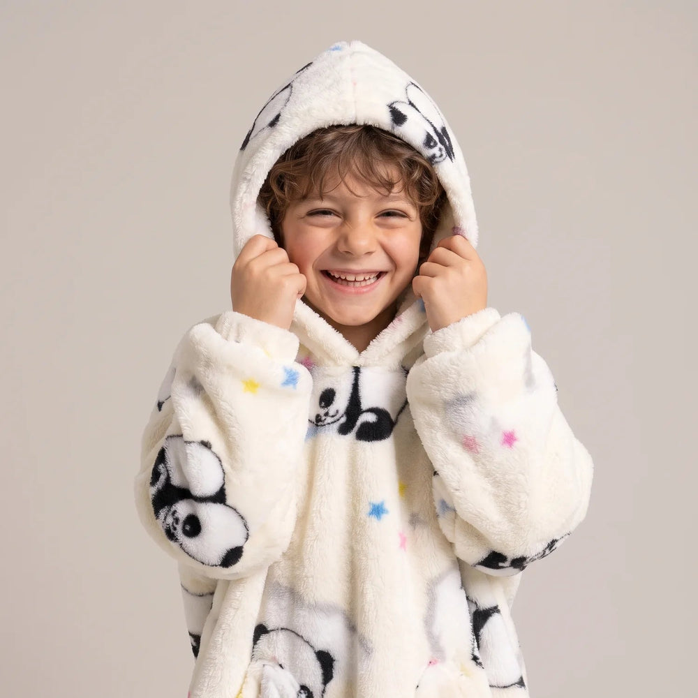 Close-up of the Cream Pandas Kids blanket hoodie with the hood up