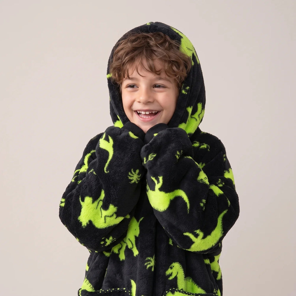 Close-up of the Green Dinos Kids blanket hoodie with the hood up