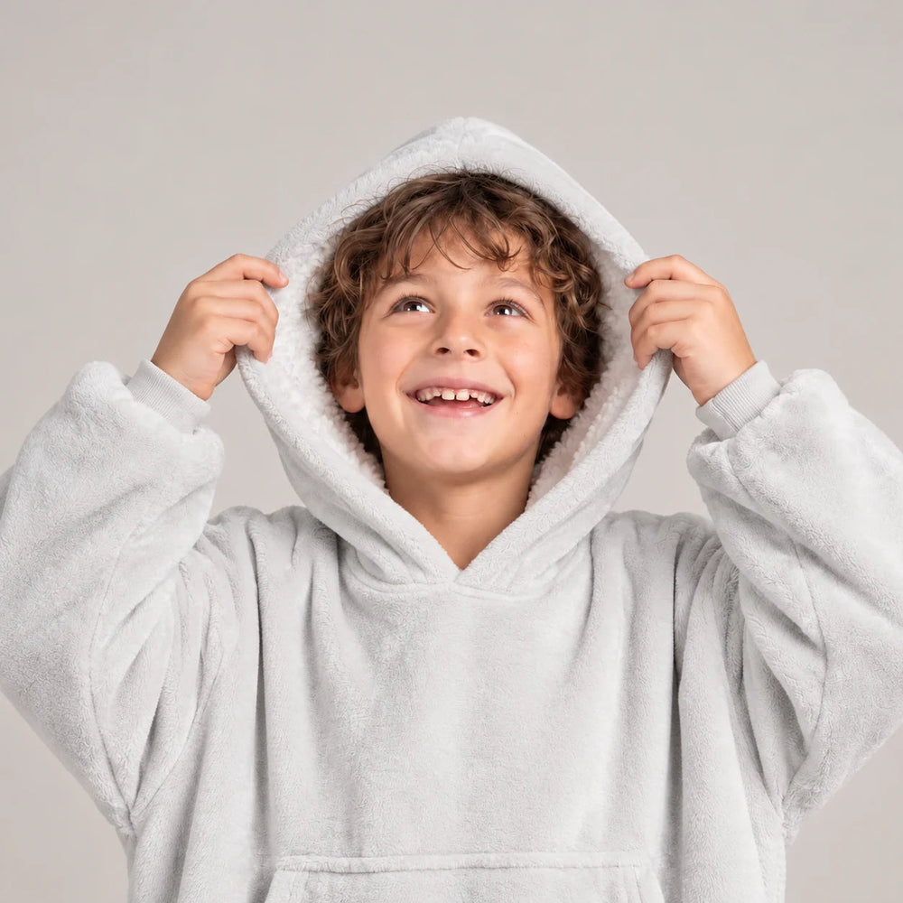 Close-up of the Light Gray Kids blanket hoodie with the hood up