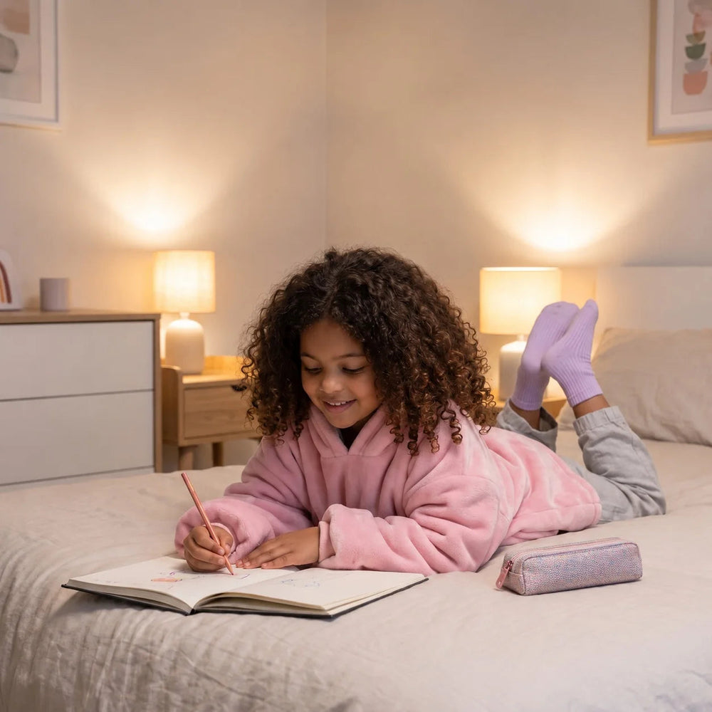 Girl in the Light Pink kids blanket hoodie drawing in her sketchbook on her bed