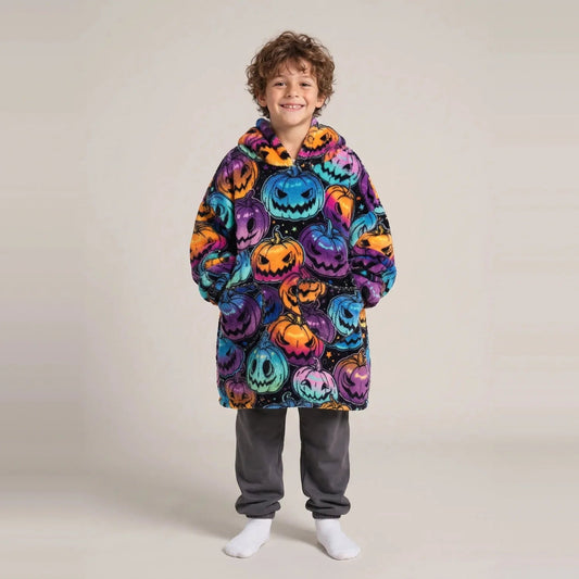 Child wearing the Neon Pumpkins Kids blanket hoodie, studio photo